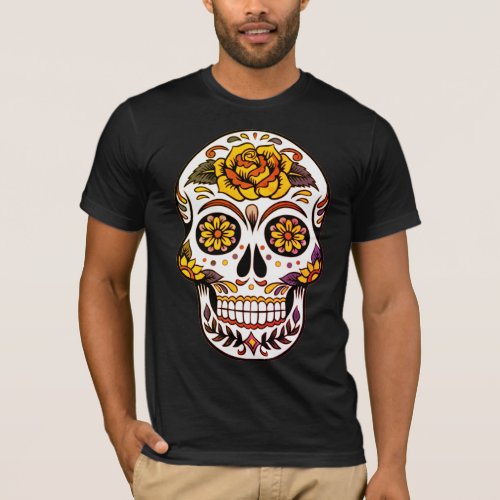 Yellow Rose Sugar Skull on Black T_Shirt