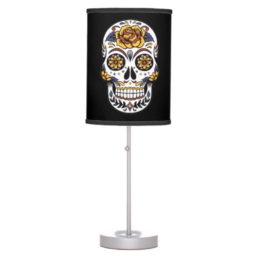 Yellow Rose Sugar Skull on Black Table Lamp