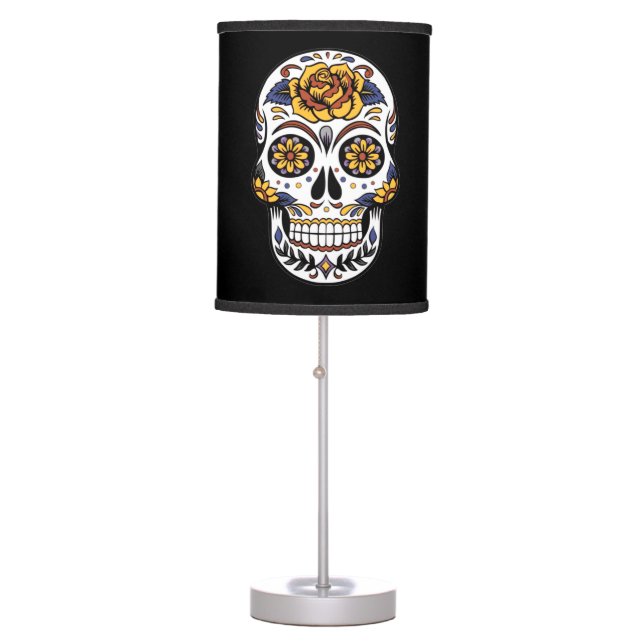 Yellow Rose Sugar Skull on Black Table Lamp (Front)