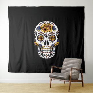 Yellow Rose Sugar Skull on Black Tapestry