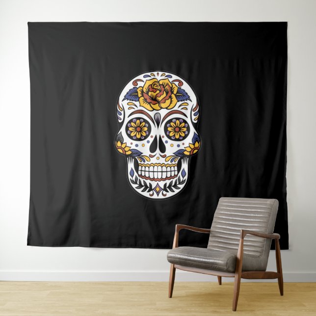 Yellow Rose Sugar Skull on Black Tapestry (In Situ (Horizontal))