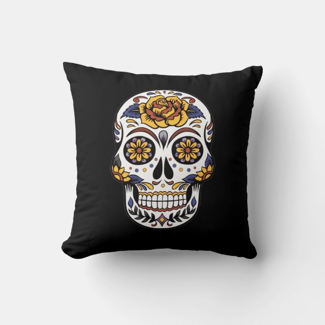 Yellow Rose Sugar Skull on Black Throw Pillow (Front)