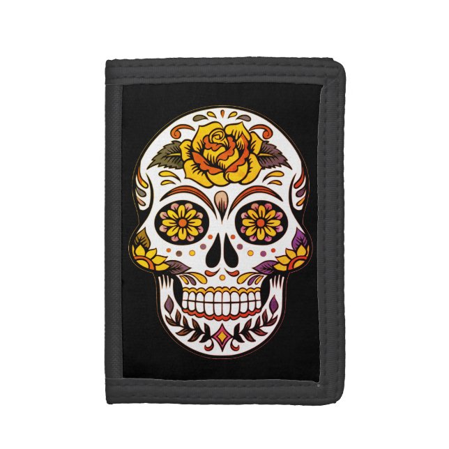 Yellow Rose Sugar Skull on Black Trifold Wallet (Front Vertical)