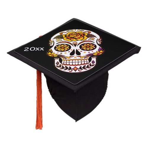 Yellow Rose Sugar Skull on Black w Year Graduation Cap Topper