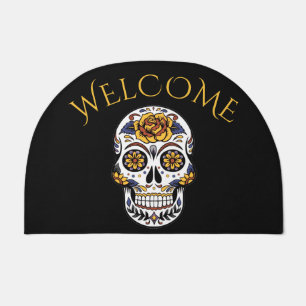Yellow Rose Sugar Skull on Black Welcome Doormat