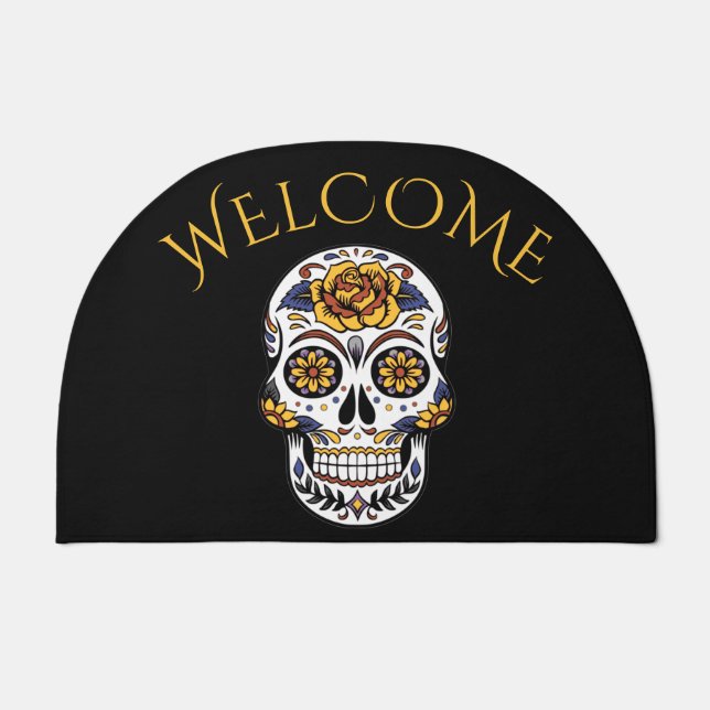 Yellow Rose Sugar Skull on Black Welcome Doormat (Front)