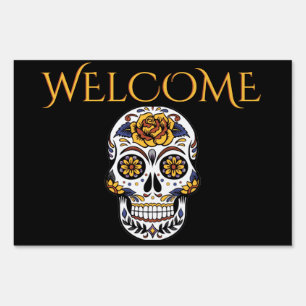 Yellow Rose Sugar Skull on Black Welcome Sign