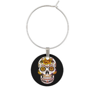 Yellow Rose Sugar Skull on Black Wine Charm