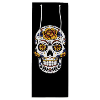 Yellow Rose Sugar Skull on Black Wine Gift Bag