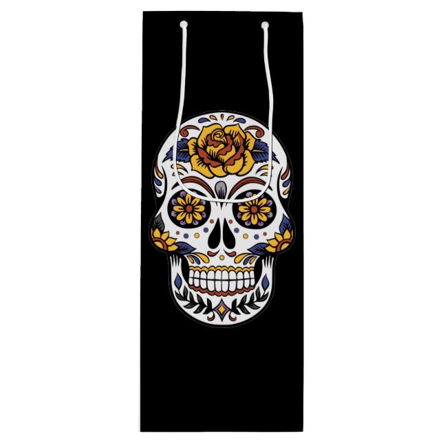 Yellow Rose Sugar Skull on Black Wine Gift Bag (Front)