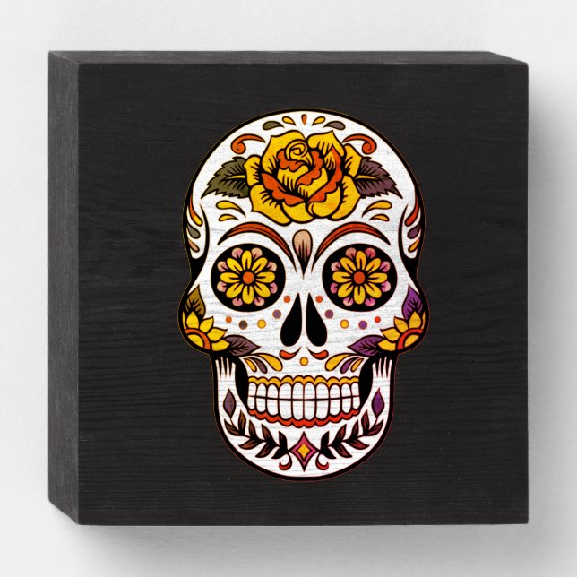 Yellow Rose Sugar Skull on Black Wooden Box Sign (Front Vertical)