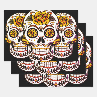 Yellow Rose Sugar Skull on Black Wrapping Paper Sheets