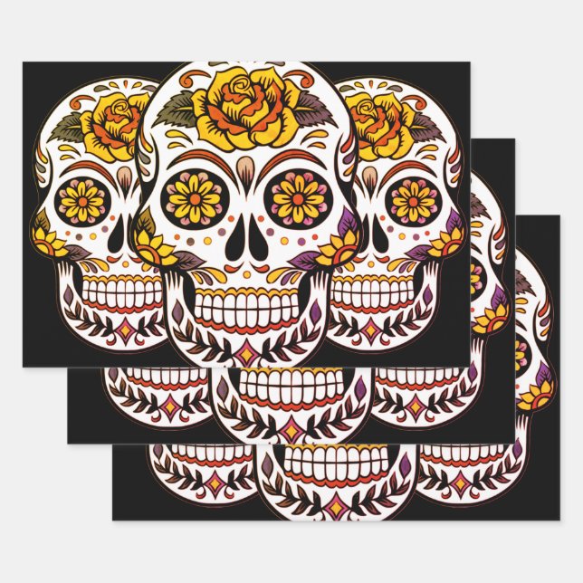 Yellow Rose Sugar Skull on Black Wrapping Paper Sheets (Set)