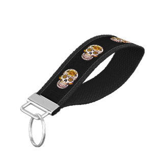 Yellow Rose Sugar Skull on Black Wrist Keychain