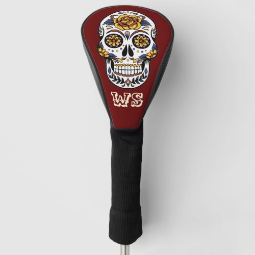 Yellow Rose Sugar Skull on Maroon Monogram  Golf Head Cover