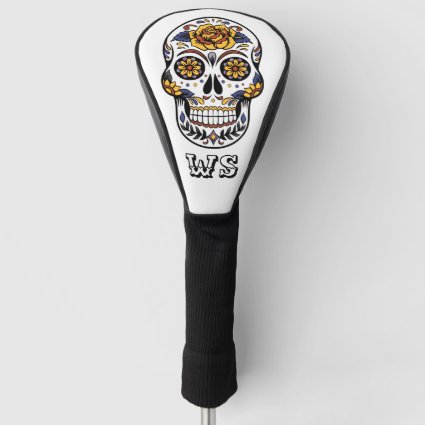 Yellow Rose Sugar Skull on White Monogram golf cover  
