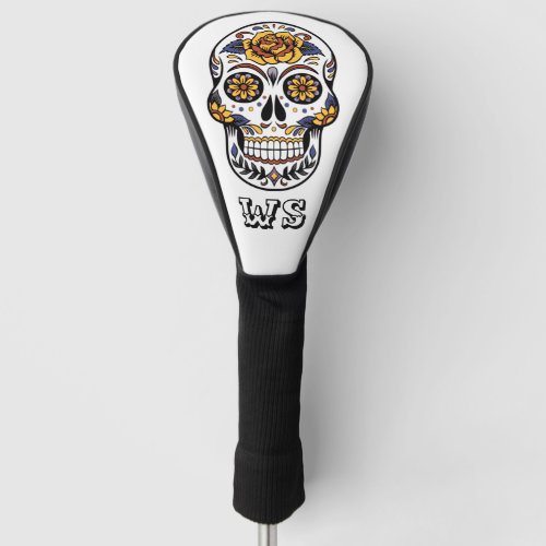 Yellow Rose Sugar Skull on White Monogram   Golf Head Cover