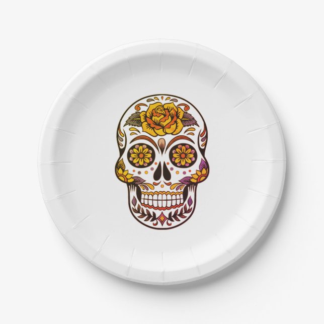 Yellow Rose Sugar Skull Paper Plates (Front)