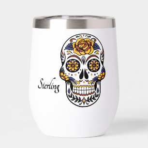 Yellow Rose Sugar Skull Personal Thermal Wine Tumbler