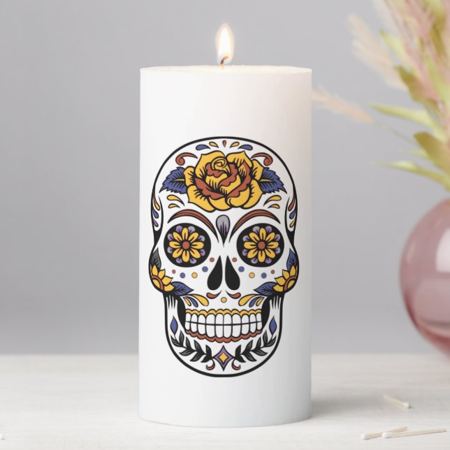 Yellow Rose Sugar Skull Pillar Candle (In Situ)