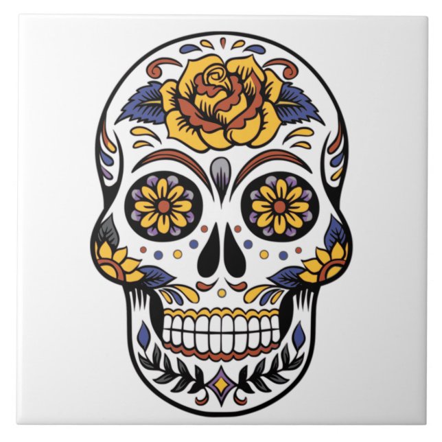 Yellow Rose Sugar Skull Placemat Ceramic Tile (Front)