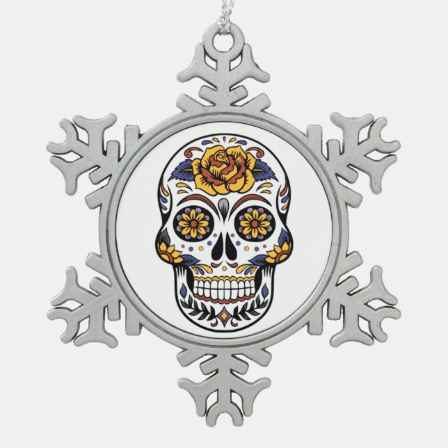 Yellow Rose Sugar Skull Snowflake Pewter Christmas Ornament (Front)