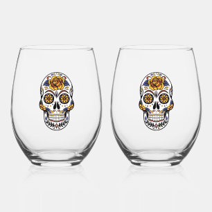 Yellow Rose Sugar Skull Stemless Wine Glass