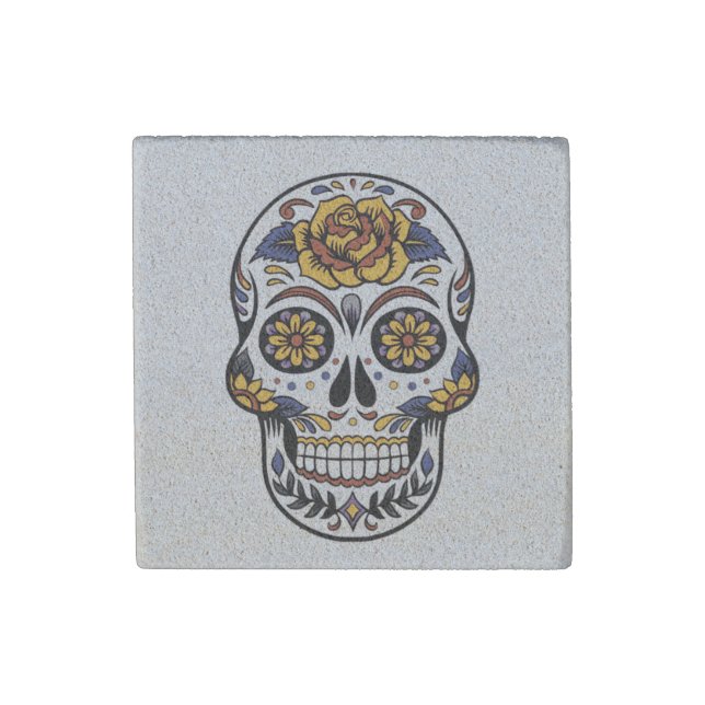 Yellow Rose Sugar Skull Stone Magnet (Front)