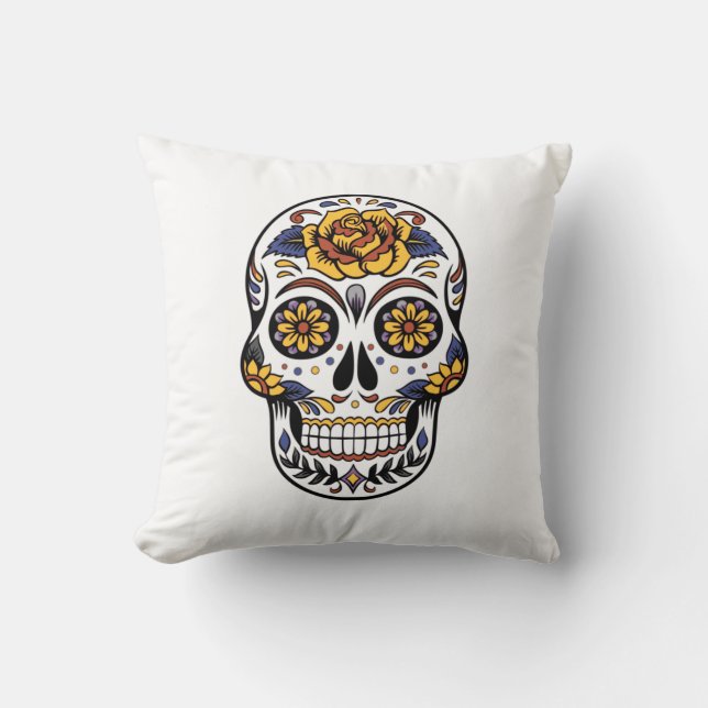 Yellow Rose Sugar Skull Throw Pillow (Front)