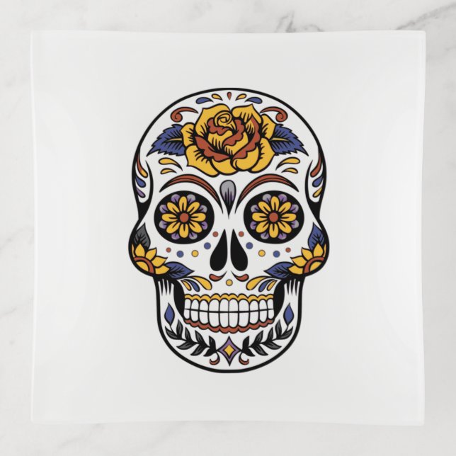 Yellow Rose Sugar Skull Trinket Tray (Front)