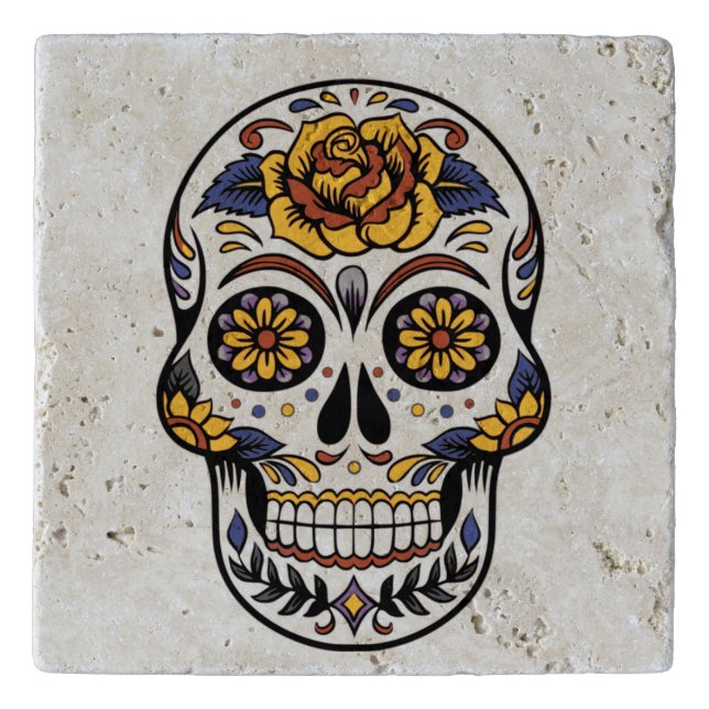 Yellow Rose Sugar Skull Trivet (Front)