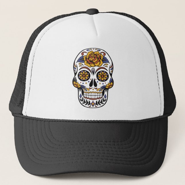Yellow Rose Sugar Skull Trucker Hat (Front)