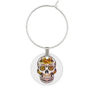 Yellow Rose Sugar Skull Wine Charm