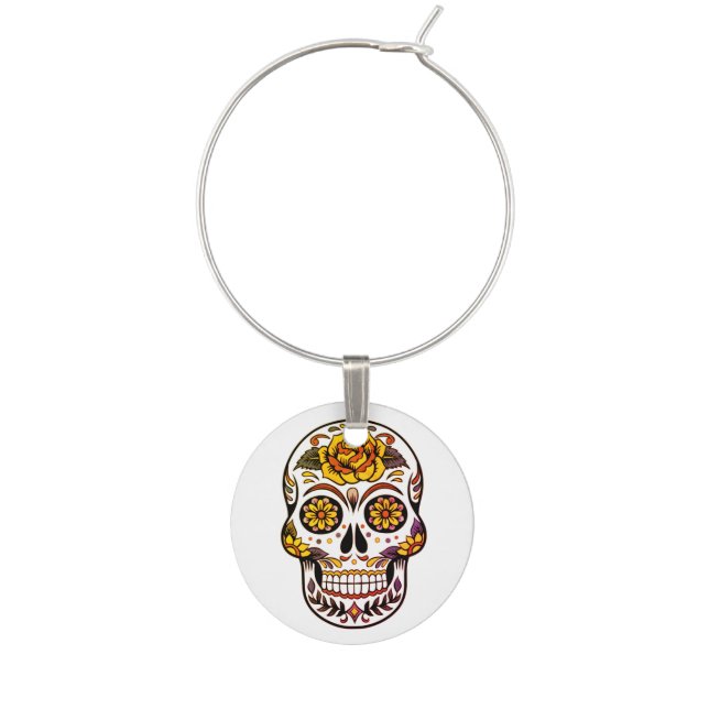 Yellow Rose Sugar Skull Wine Charm (Front)