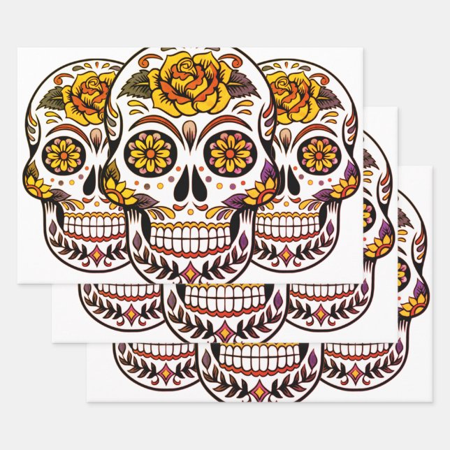 Yellow Rose Sugar Skull Wrapping Paper Sheets (Set)