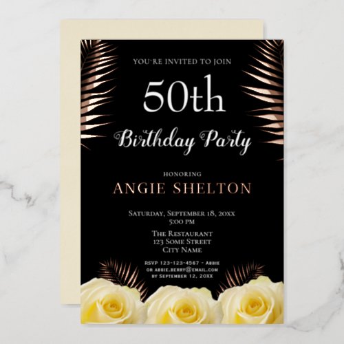 Yellow Rose Tropical Leaves 50th Birthday Gold Foil Invitation