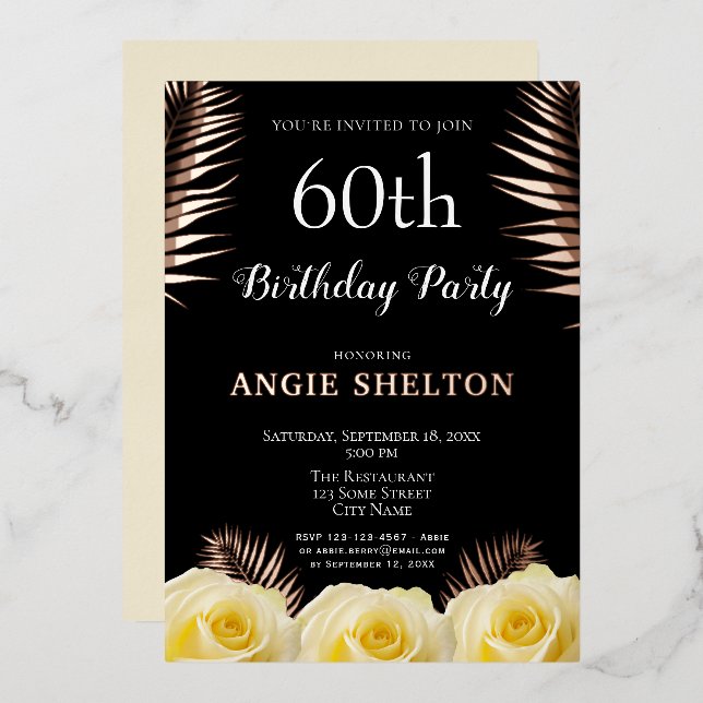 Yellow Rose Tropical Leaves 60th Birthday Gold Foil Invitation (Front/Back)