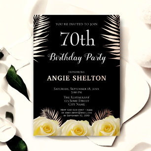 Yellow Rose Tropical Leaves 70th Birthday Gold Foil Invitation