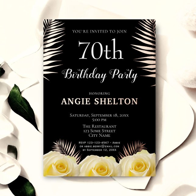 Yellow Rose Tropical Leaves 70th Birthday Gold Foil Invitation (Creator Uploaded)