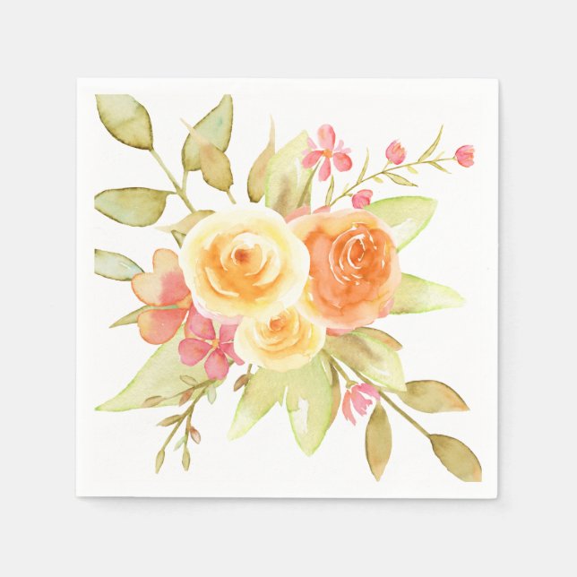 Yellow Rose Watercolor Garden Bouquet Napkins (Front)
