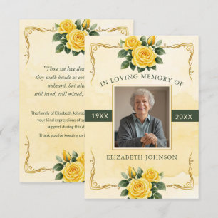 Yellow Rose Watercolor Photo Funeral Memorial Note Card