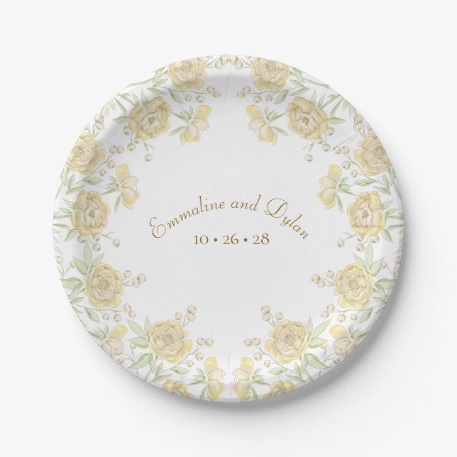 Yellow Rose Wedding Paper Plates (Front)