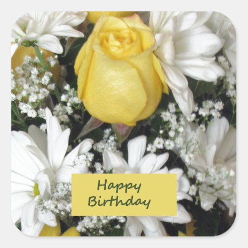Yellow Rose White Daisie Birthday Square Sticker