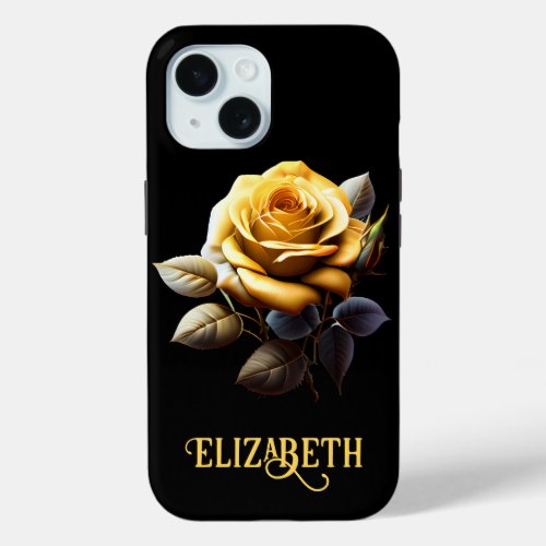 Yellow Rose With Leaves  Thorns Black Background iPhone 15 Case