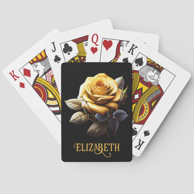 Yellow Rose With Leaves & Thorns Black Background Poker Cards (Back)