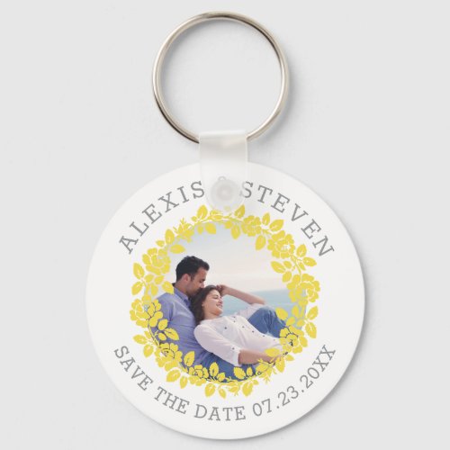 Yellow rose wreath floral Save the Date photo Keychain