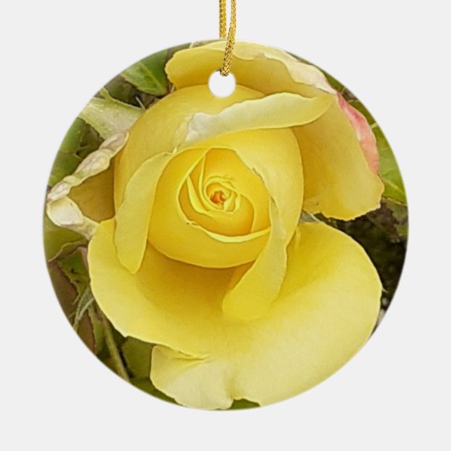 Yellow Rosebud  Ceramic Ornament (Front)