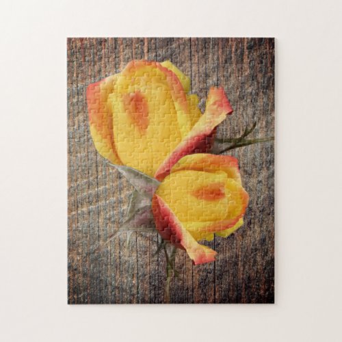 Yellow Rosebud Flowers On Barnboard     Jigsaw Puzzle