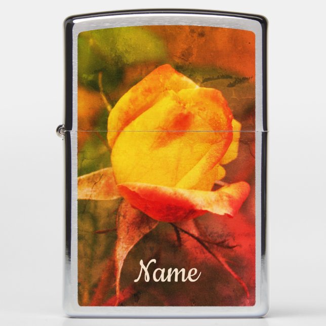 Yellow Rosebud Red Highlight Abstract Personalized Zippo Lighter (Front)