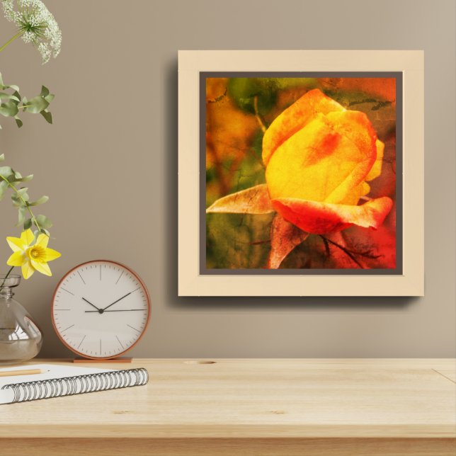 Yellow Rosebud Red Highlights Distressed Framed Art (Table Top)